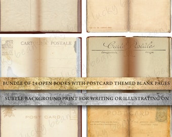 Vintage Postkarte Offene Buchseiten, Digital Junk Journal Kit, Antike Papierhintergründe für Scrapbook, Schrift & Illustration, kommerzielle Nutzung.
