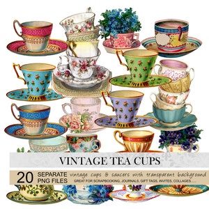 Tasse et soucoupe. Feuille de collage vintage de tasses à thé. Clipart de tasse de thé. Tasse à thé florale antique imprimable png. Thé victorien.