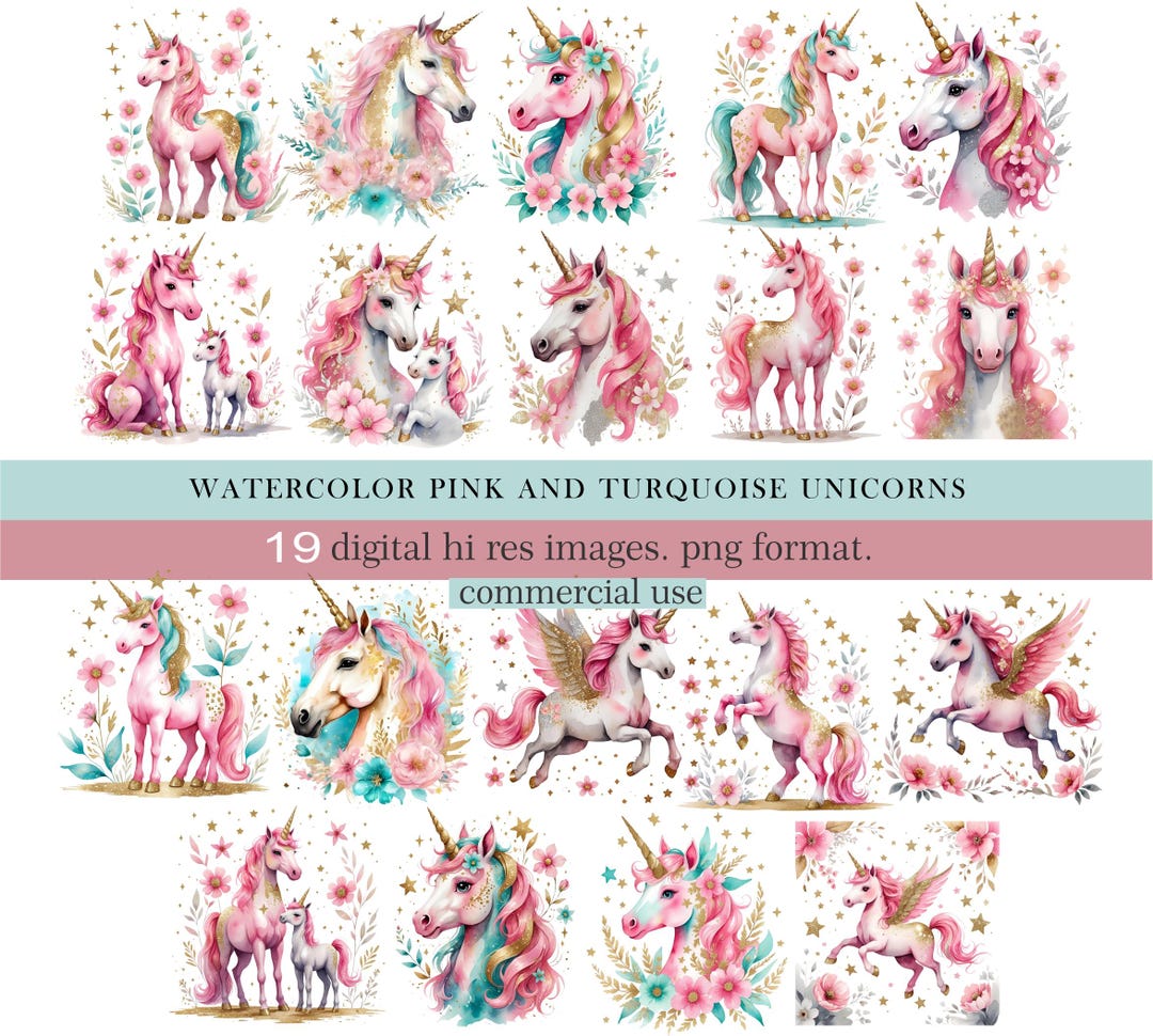 Watercolor Unicorn Clipart Pink and Turquoise. Digital PNG Magical ...