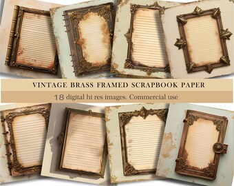 Vintage Brass Framed Scrapbook Paper: 18 Antique Journal Pages. Antique Digital Journal Pages. Steampunk Junk Journal papges. Commercial Use