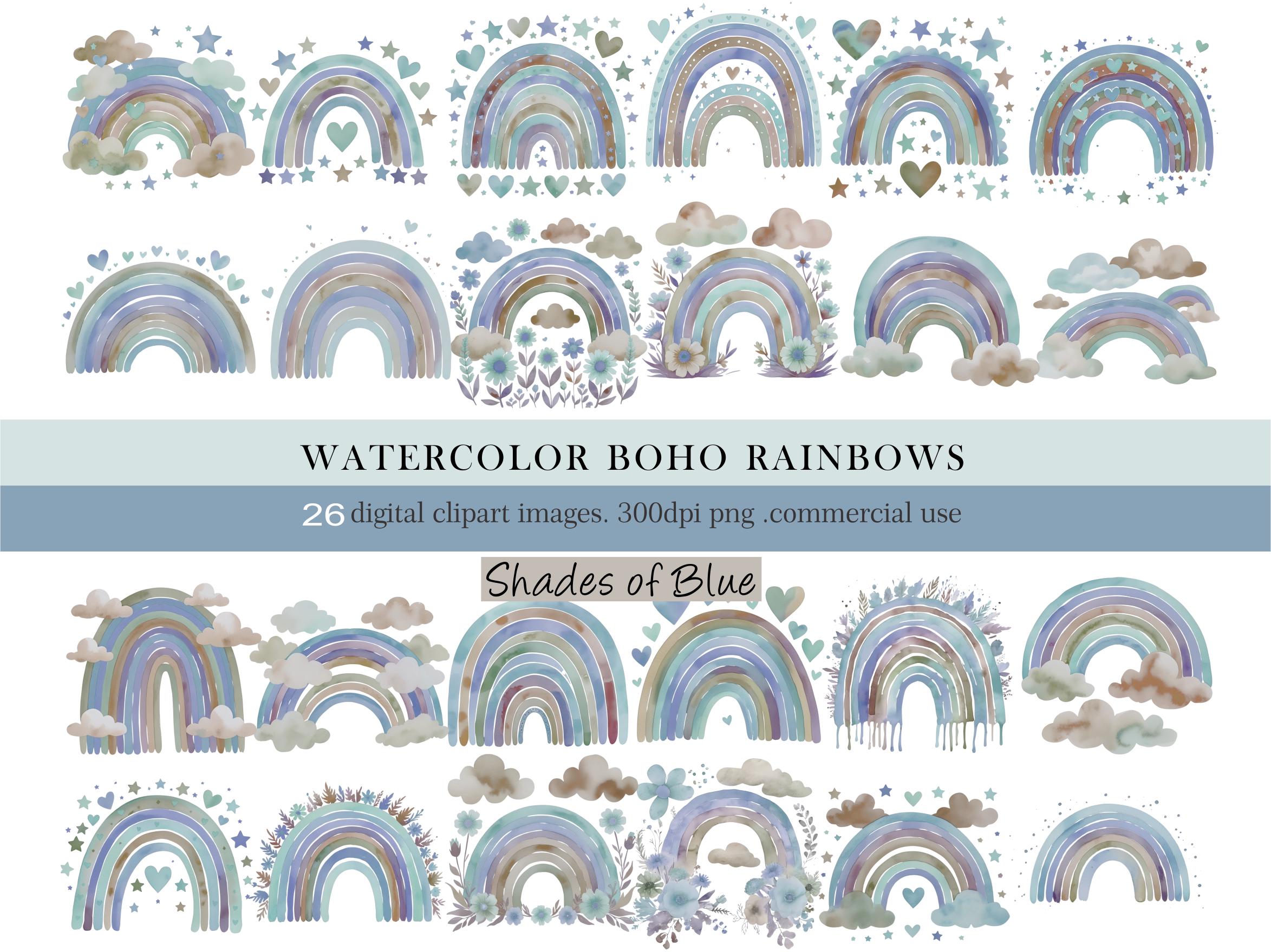 Blue Watercolor Boho Rainbow Clipart. 26 PNG Rainbows With Clouds ...