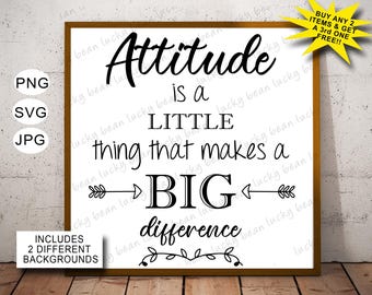Può includere: Una stampa incorniciata con le parole "Attitude is a LITTLE thing that makes a BIG difference" in scrittura nera. La stampa è in una cornice marrone e include un'esplosione di stelle gialle con testo. L'immagine include anche il testo "PNG", "SVG", "JPG", e "INCLUDES 2 DIFFERENT BACKGROUNDS".