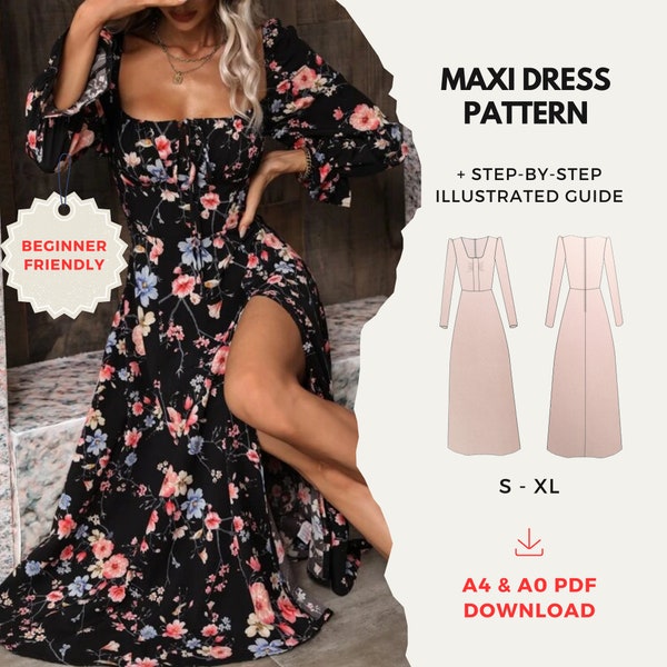 Maxi Dress Pattern, Easy Sewing Pattern, A4 & A0 PDF digital pattern