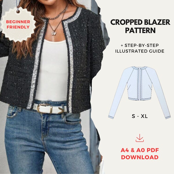 Cropped Blazer Pattern, Raglan Sleeves, Easy Jacket Sewing Pattern, A4 PDF digital pattern