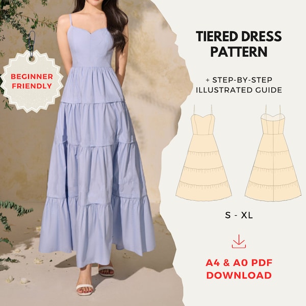 Tiered Midi Dress Pattern, Easy Sewing Pattern, A4 & A0 PDF digital pattern