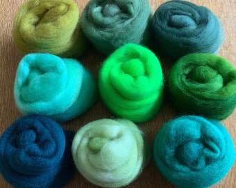 Strong wool tops, 28.5 micron wools tops, hand dyed wool tops, felting wool tops,  Green colour pack.