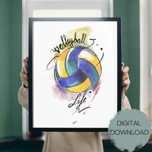 Volleyball Watercolor Wall Art, Girls Volleyball, Illustration Volleyball, Volleyball Prints, Volleyball Decor, Volleyball Mom, Sport Canvas
