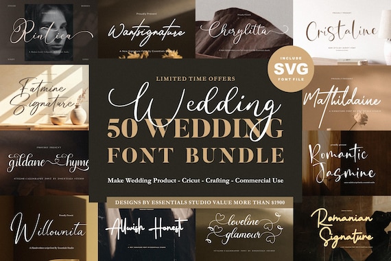 50 Wedding Font Bundle – Cursive Calligraphy Fonts, SVG, Wedding Script, Cricut