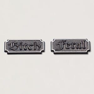 May include: Two rectangular, black metal plaques with white trim. The left plaque reads "Bitch" in an ornate font. The right plaque reads "Feral" in a similar font. Both plaques are set against a white background.