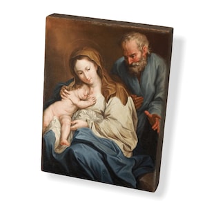 May include: A painting depicting the Holy Family. Mary is seated holding the baby Jesus, while Joseph stands behind her with a gentle expression. The painting is done in a traditional style with warm colors and soft lighting.