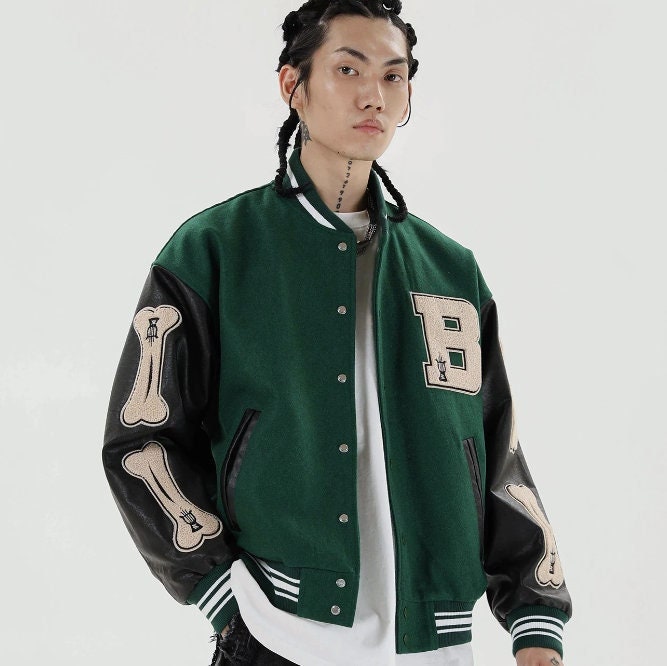 Hip Hop Jacket With Furry Bone Patchwork Streetwear Bomber - Etsy