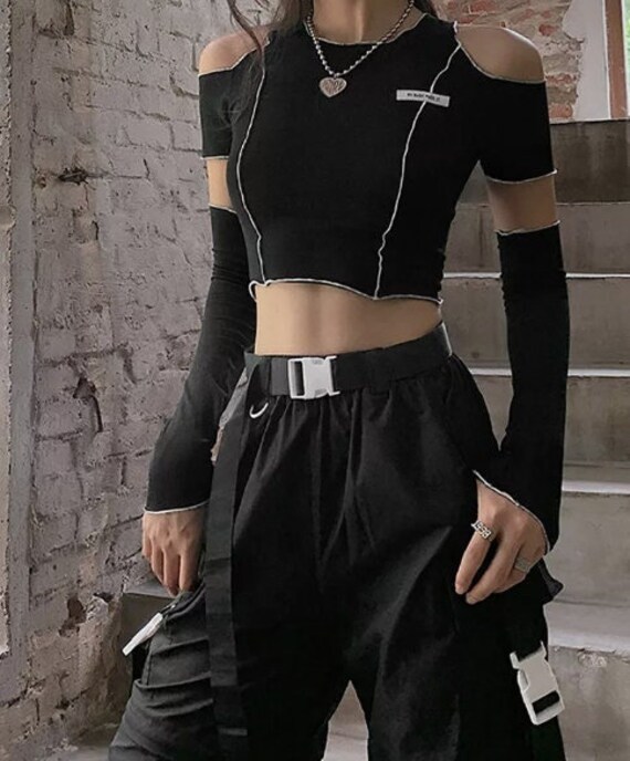 Black E-girl Style Patchwork T-shirts Open Shoulder Crop Top - Etsy