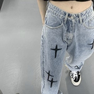 Baggy Blue Jeans With Cross High Waist Y2k Pants Korean - Etsy