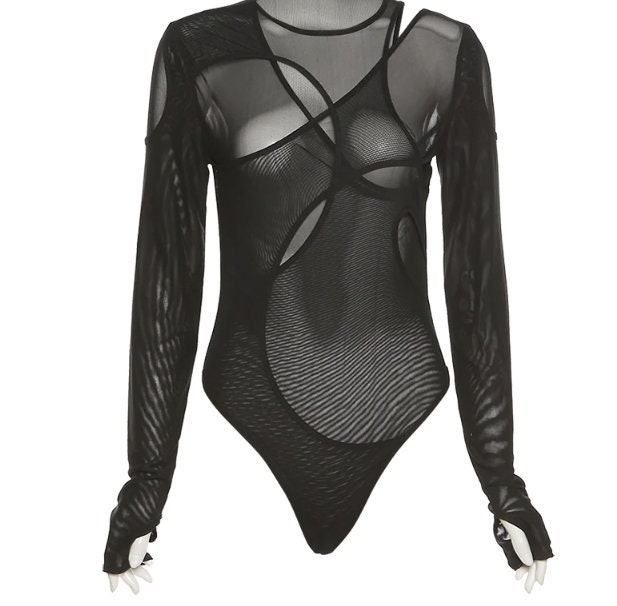 Black Mesh Women Bodysuit With Long Sleeve Stretchy - Etsy