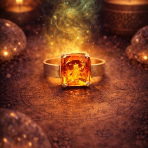 May include: A gold ring with a large, rectangular orange gemstone. The ring is illuminated with a warm glow, and a mystical aura emanates from the gem. The ring is set against a dark, textured background, suggesting a theme of magic or fantasy.