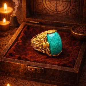 May include: A gold ring featuring a large, oval turquoise stone, presented in a wooden box with red velvet lining. The ring is adorned with detailed floral patterns. Lit candles create a mystical atmosphere.