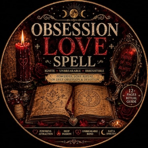 May include: A circular graphic featuring the text OBSESSION LOVE SPELL, a lit red candle with a heart symbol, an open book with occult diagrams, a mirror with the text I THINK OF YOU ALWAYS, a small bottle, and a 12+ pages ritual guide label.