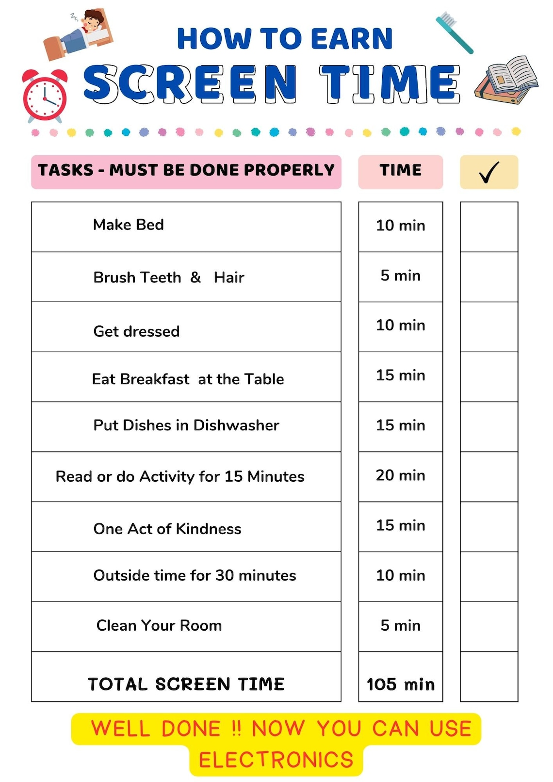 Kids Screen Time Chore Chart, Printable Screen Time Chart. Introduce