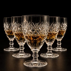 Op de afbeelding: Vijf heldere kristallen glazen in een driehoekige opstelling, elk met een diamantgeslepen patroon op de kelk en een gefacetteerde steel. De glazen zijn gedeeltelijk gevuld met een amberkleurige vloeistof die het licht reflecteert.