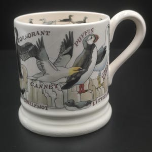 May include: A cream-colored ceramic mug featuring detailed illustrations of various seabirds including a puffin, gannet, cormorant, and guillemot. The birds are labeled with their names in black text, and the mug has a sturdy handle and a raised base.