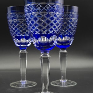 Set of 3 Bohemian Cobalt Blue Cut to Clear Wine Glasses by Sorelle – 300ml Crystal Goblets, Vintage Czech, 20cm Tall