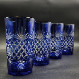 Set of 4 Bohemian Cobalt Blue Cut to Clear Crystal Tumblers – 500ml Vintage Czech Glasses, 14cm Tall, Star Cut Base