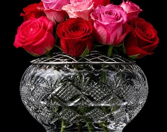 STUART Crystal スチュアート ローズボウル 花瓶 Extra Large Stuart Crystal Rose Bowl, Etched Fuchsia Floral, Mid