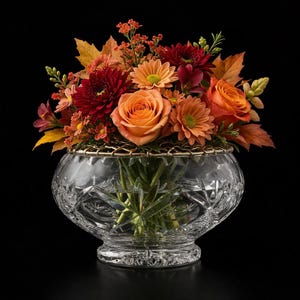 Könnte beinhalten: Eine klare Kristallglasschale mit einem lebendigen Herbstblumenarrangement. Der Strauß enthält orangefarbene Rosen, rote Dahlien und verschiedene Blätter. Die Schale hat einen dekorativen Metallrand und steht vor einem schwarzen Hintergrund.