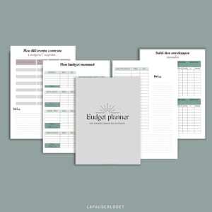 Puede incluir: Un planificador de presupuesto con una cubierta gris claro y el texto "Budget planner". Incluye páginas para el seguimiento de gastos, contratos y sobres mensuales. Las páginas tienen un diseño minimalista con una combinación de colores verde claro y gris.
