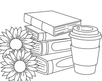 May include: Black and white line art illustration of a stack of books, sunflowers, and a to-go coffee cup. The books are stacked with the spines facing out. The sunflowers are in full bloom.