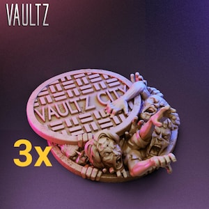 May include: A 3D printed model of a manhole cover with the words "Vaultz City" printed on it. Three figures are reaching up from the manhole, with their hands and faces visible. The model is painted in a light brown colour.
