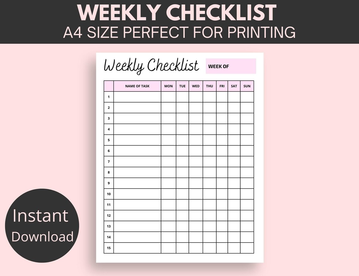 Weekly Checklist Printable, to Do List, Printable, Weekly Checklist ...