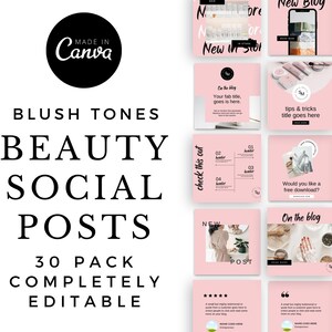 Postagens de mídia social Blush Pink, modelos de mídia social de beleza, kit de branding de mídia social, postagens de mídia social, modelos de beleza, Canva, maquiagem