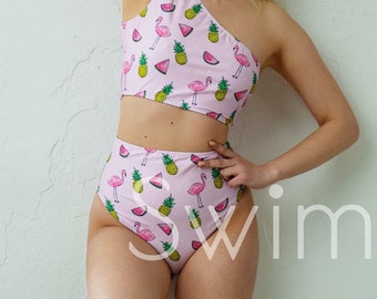 Braguita de bikini brasileña de tiro alto de dos piezas, top de un hombro, traje de baño de mujer con estampado completo - FLAMINGO
