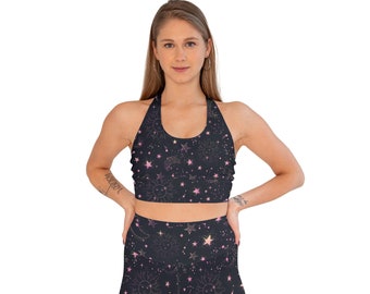 Pink Space - Reggiseno e leggings sportivi, pantaloni da yoga stampa astrologia, costume esoterico donna, canotta, set allenamento, abbigliamento sportivo, tuta crossfit