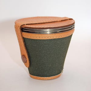 Vintage Stainless Steel Stirrup Cups Set: Racing Green Canvas & Tan Leather Case