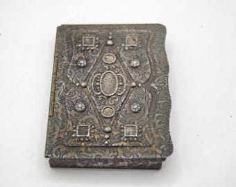 Antique Book Form Pocket Snuff Box, Victorian Stamped Steel Novelty Pill Case