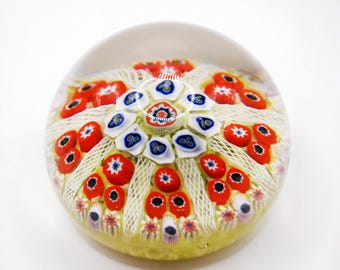 Scottish Strathearn Millefiori 8 Spoke Cartwheel Latticino Glass Paperweight c1970s