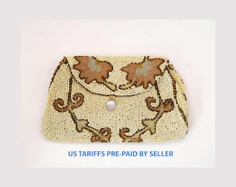 Antique Victorian Hand Made Ivory Beaded and Embroidered Clutch Evening Bag