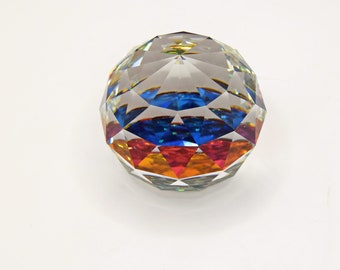 Crystal Paperweight Multi faceted, spherical, multi coloured clear