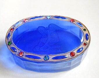 Art Deco Czech Cobalt Blue Glass Trinket Box Jeweled Lid Intaglio Cherub 1930s