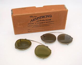 Vintage Thomas Armstrong Opticians Box & Antique Clip-On Sunglasses | Historical Manchester Optician Collectable Eyewear