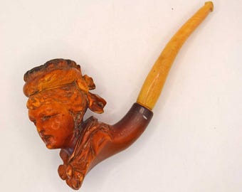 Victorian Carved Meerschaum Lady's Head Pipe Amber Bakelite Stem