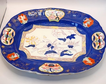 Rare Mason's Ashworth Ironstone Platter: 14" Imari Style Cobalt Blue Charger