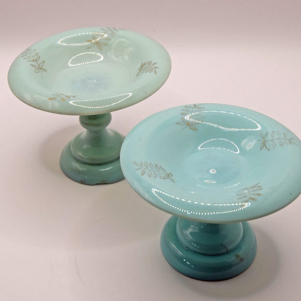2 x Vintage Aqua Turquoise Milk Glass Bon Bon Pedestal Compote Trinket dishes