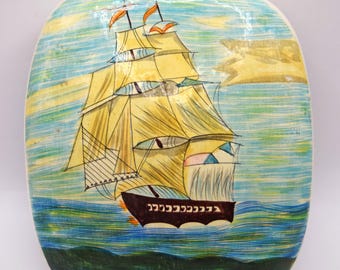 Vintage Papier Mache Trinket Box - Hand Painted Nautical Clipper Ship & Lacquer