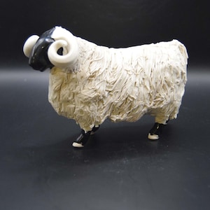 May include: A ceramic sheep figurine with a textured, off-white woolly coat. The sheep has a black face and legs, with large, curved white horns. The figurine is standing on a black surface.