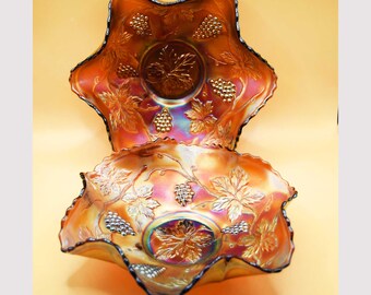 Pair of Fenton Grape Carnival Glass Fruit/Sweet Bowl Ruffled Iridescent c1930s