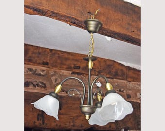 Vintage Tulip Chandelier: Frosted Glass & Brass Accent - Retro Light
