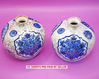 2 x Antique Fenton Osaka Blue & White Guilded Globe Vases c1910s